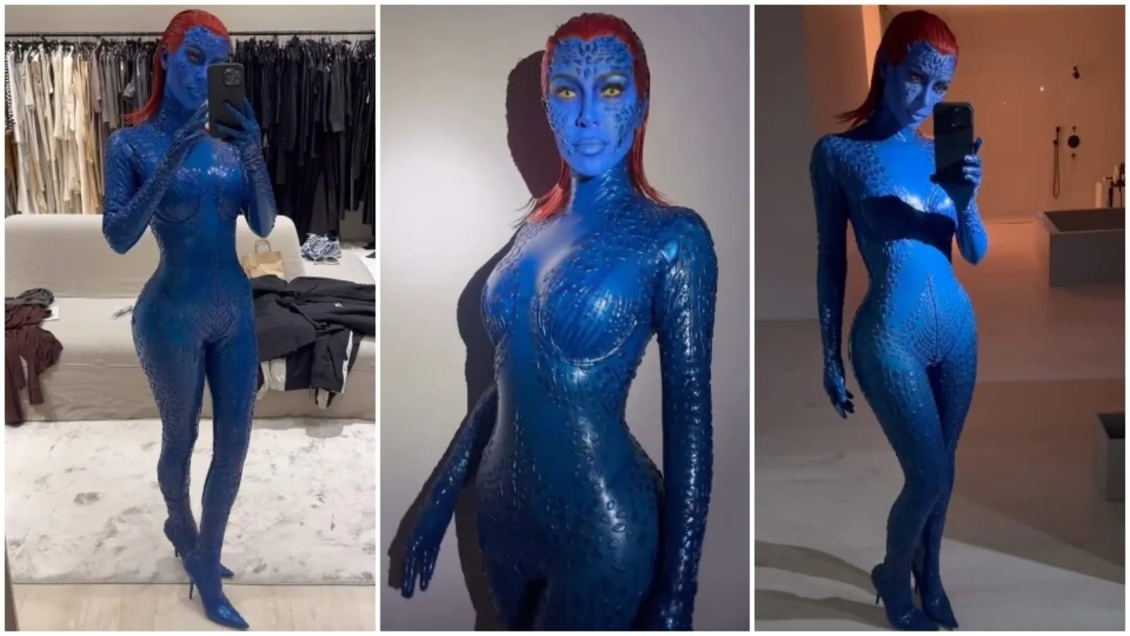Kim Kardashian oozes sex appeal in blue latex costume as X-Men's